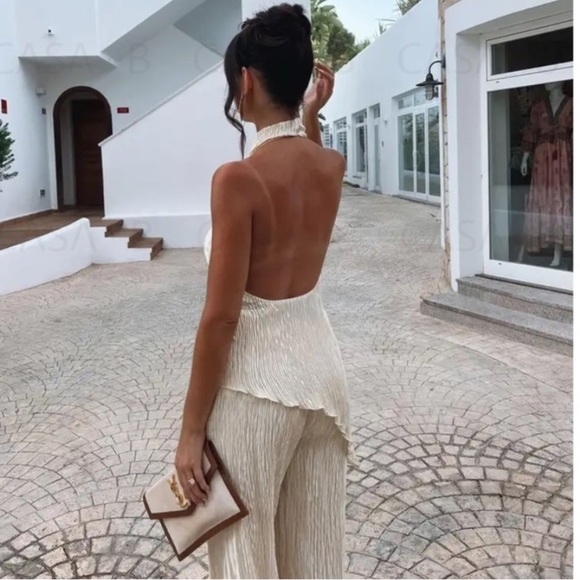 CASA B Pants - SOON to CASA B💫| Kyra Asymmetric Satin Backless Halter Top & Pleated Pant Set